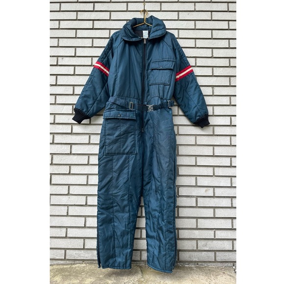 Vintage 1970 JCPenney Snowmobile Suit Blue Red Stripes XL One Piece Ski Snowsuit - Picture 1 of 13